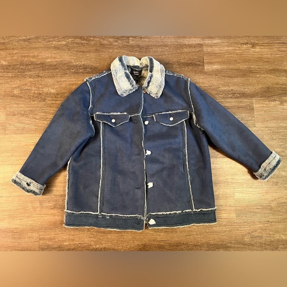 Dennis by Dennis Basso Coat Jacket Womens 1X Blue Leather Faux Fur Trim NWT